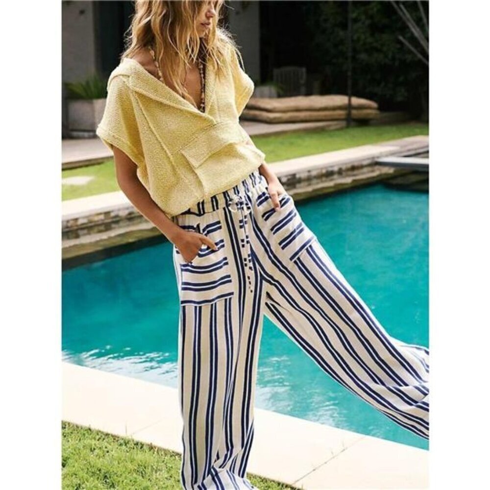 Striped Wide-Leg Drawstring Pants